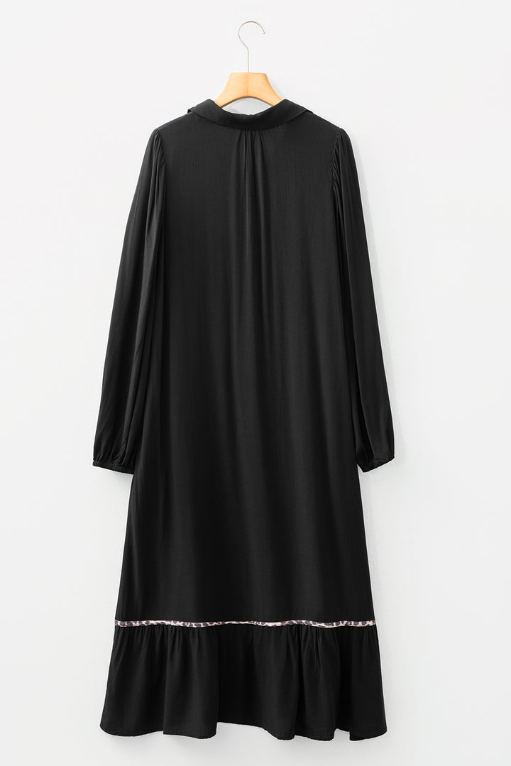 Black Contrast Leopard Trim Bracelet Sleeve Long Dress