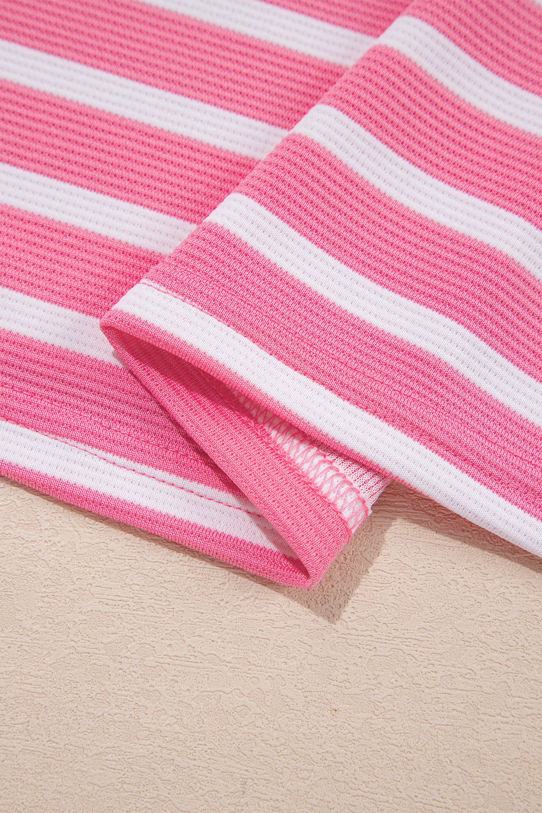 Pink Stripe Short Puff Sleeve Color Block Polo Collar Blouse