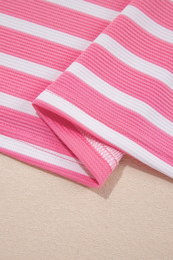 Pink Stripe Short Puff Sleeve Color Block Polo Collar Blouse
