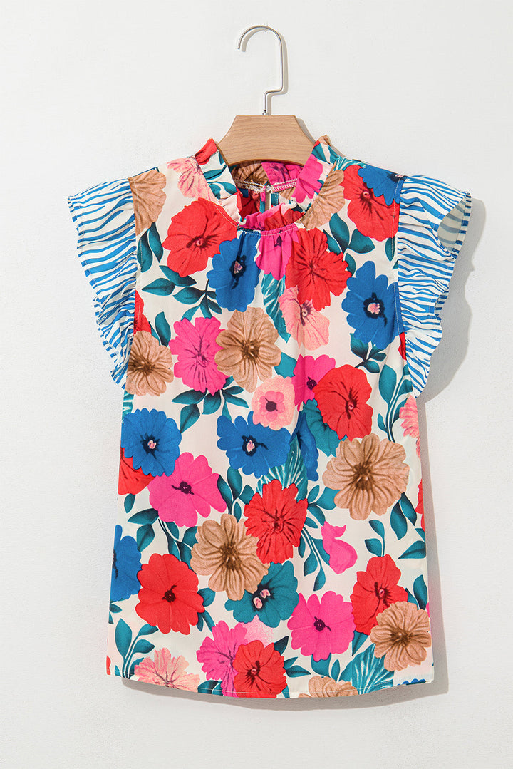 floral mock neck striped flutter sleeve blouse