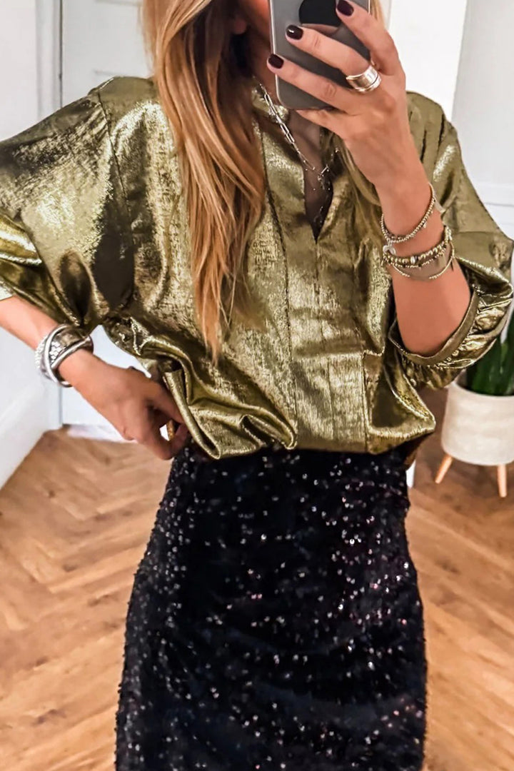 Metallic Split Neck Half Sleeve Blouse