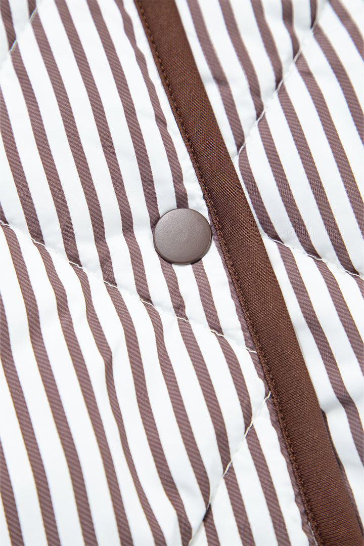 Brown Stripe Contrast Trim Snap Button Collared Winter Vest