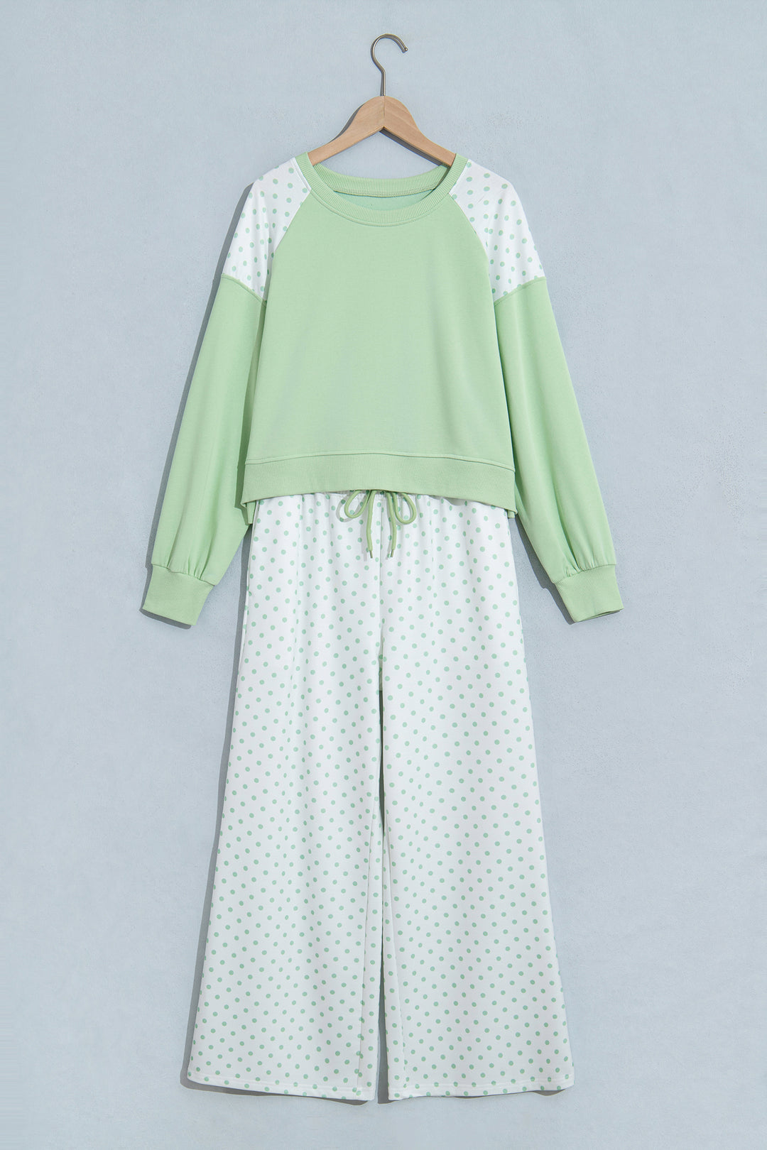 Green Polka Dot Patchwork Colorblock Long Sleeve Casual Two Piece Pants Set