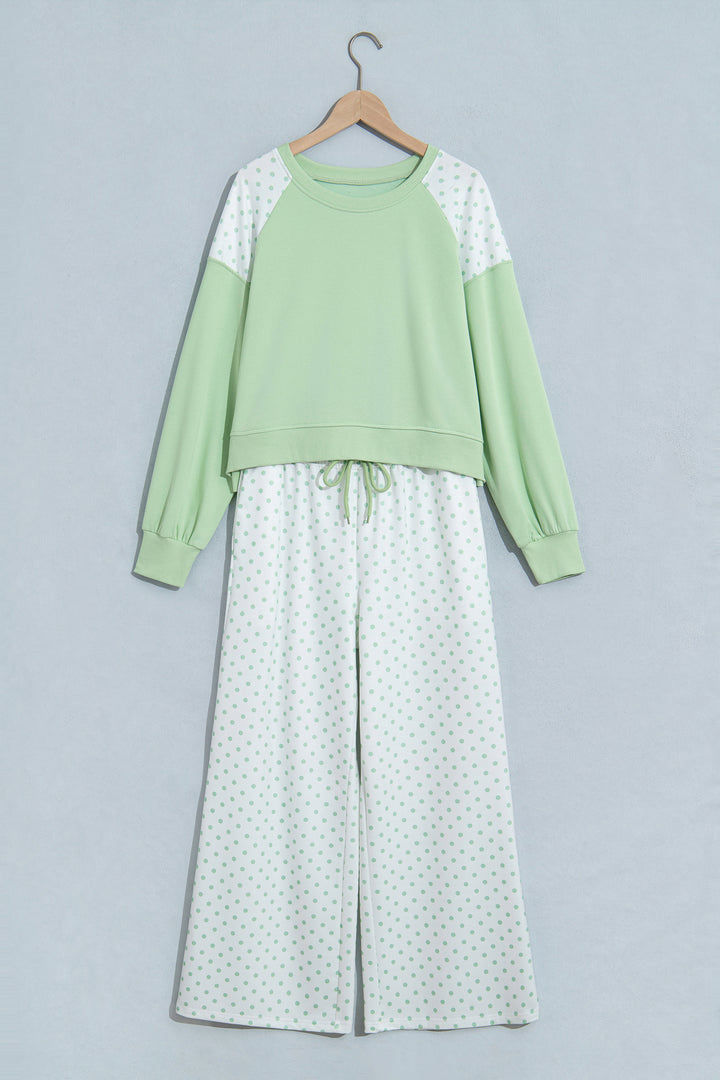 Green Polka Dot Patchwork Colorblock Long Sleeve Casual Two Piece Pants Set