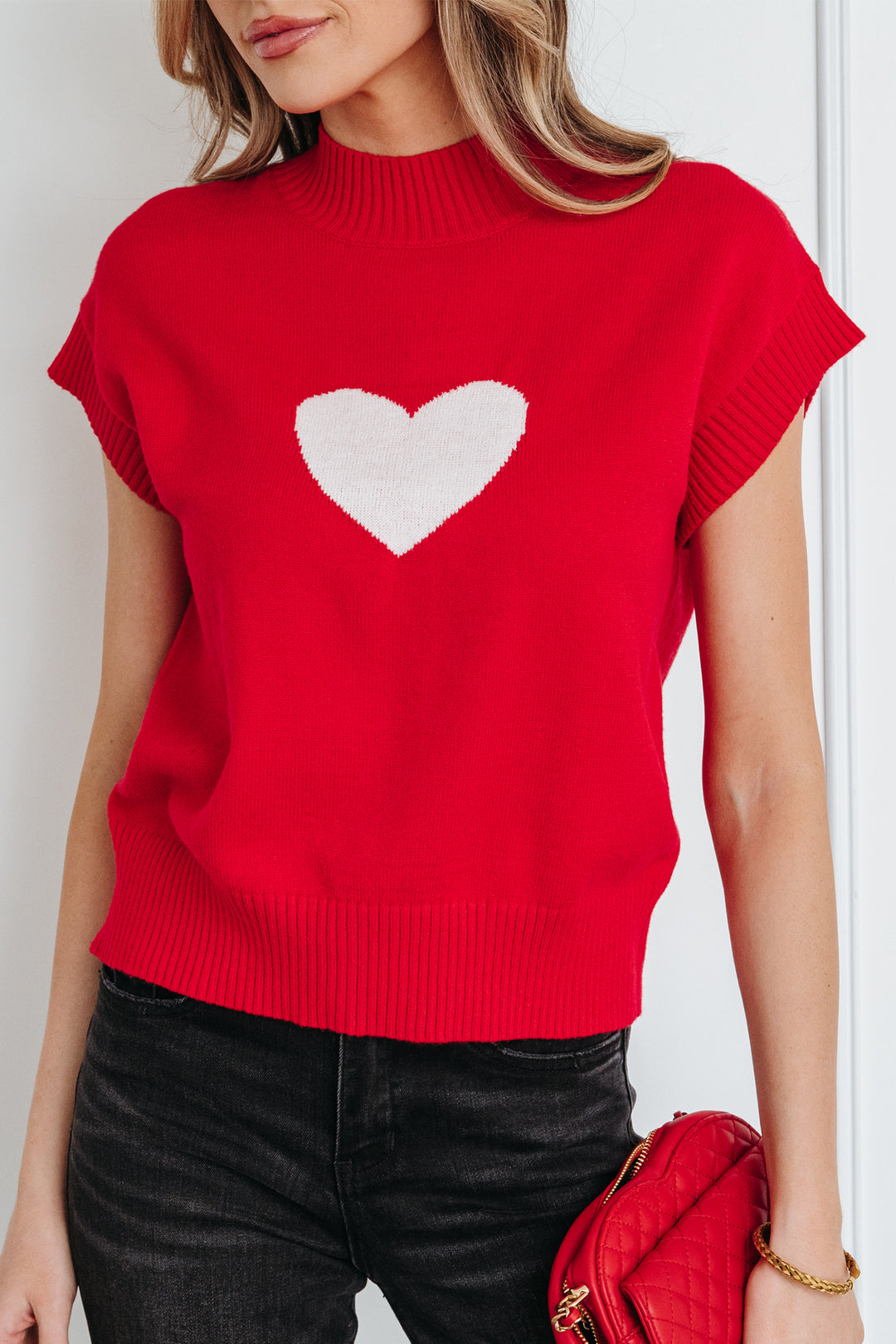 Valentine Heart Graphic Cropped Short Sleeve Sweater