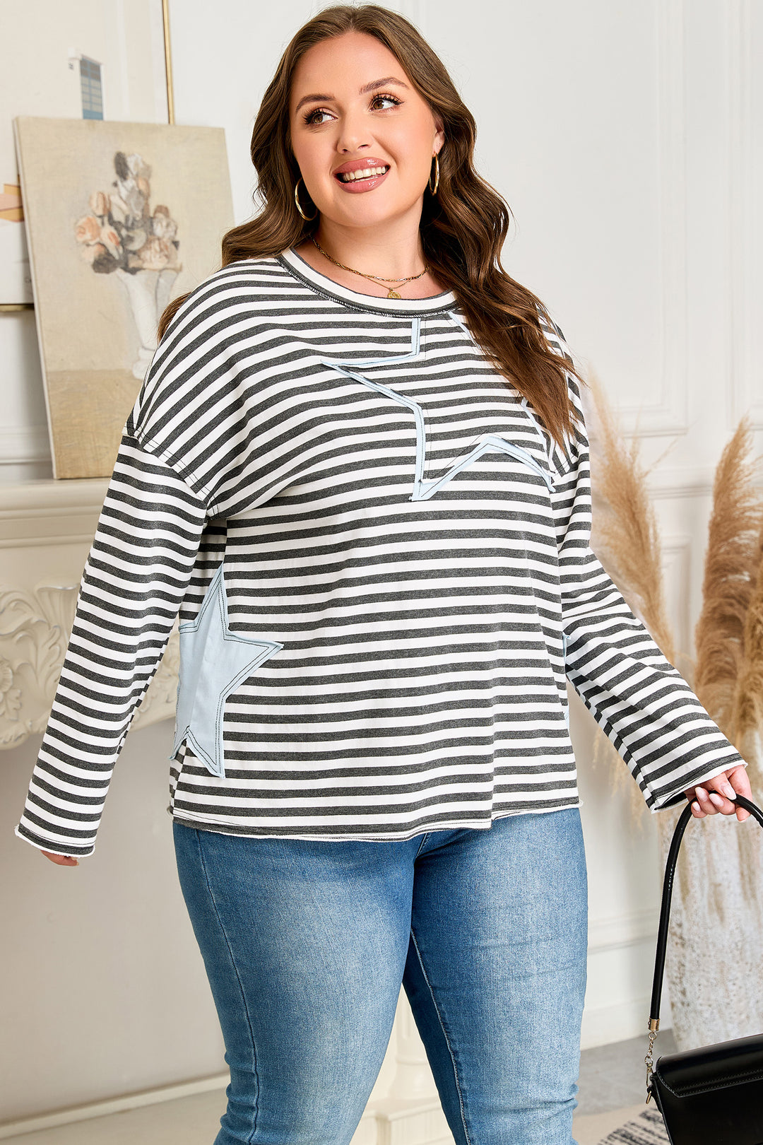 Gray Stripe Contrast Star Stitched Plus Size Long Sleeve Top