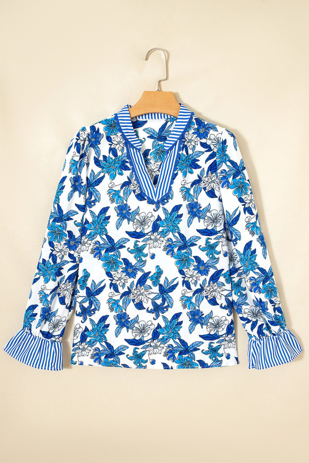 Sky Blue Floral Print Striped Patchwork Long Flounce Sleeve Ricrac Trim V Neck Blouse