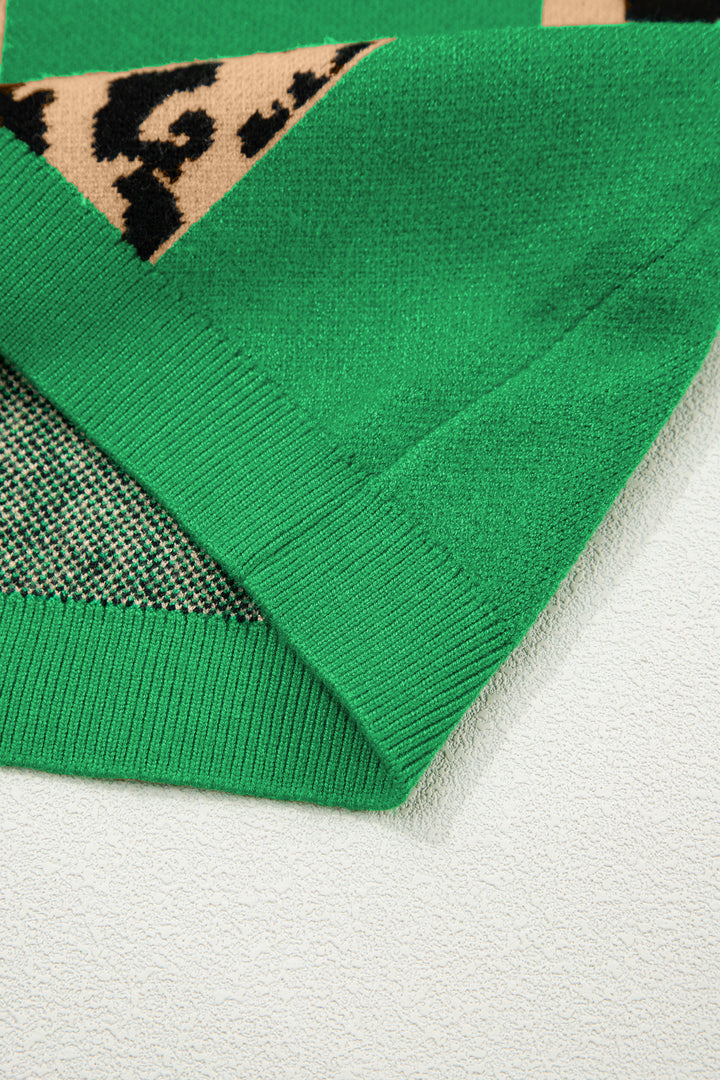 Green Leopard Checkerboard Short Sleeve Knit Sweater