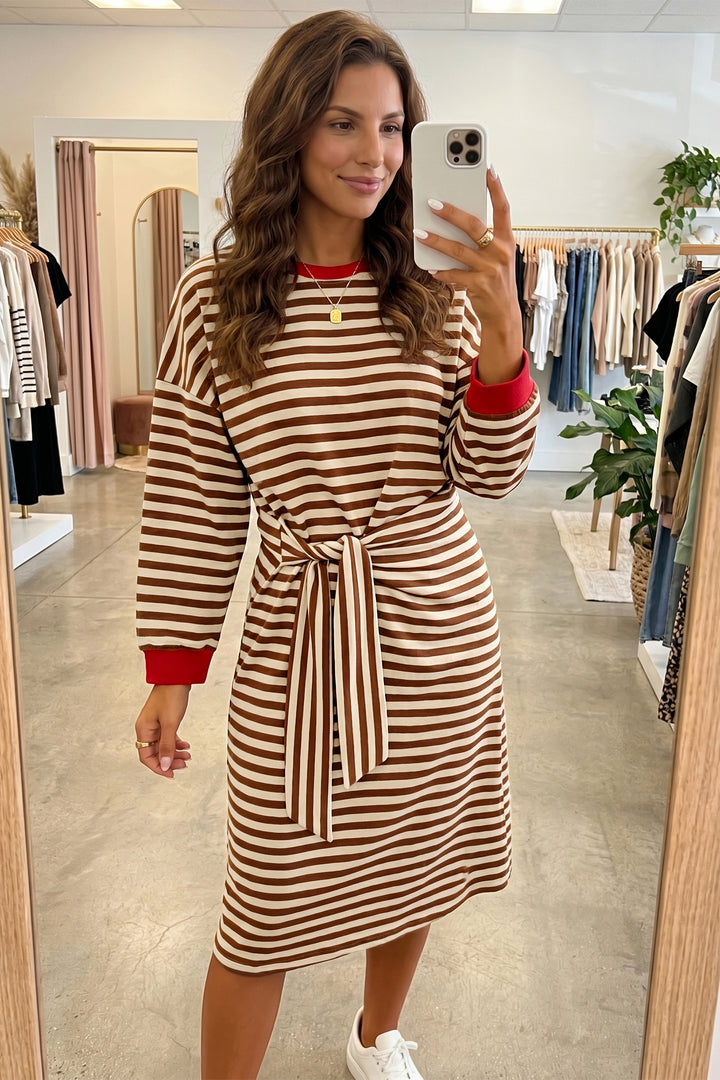 Brown Stripe Striped Colorblock Cuffs Cotton Shift Dress