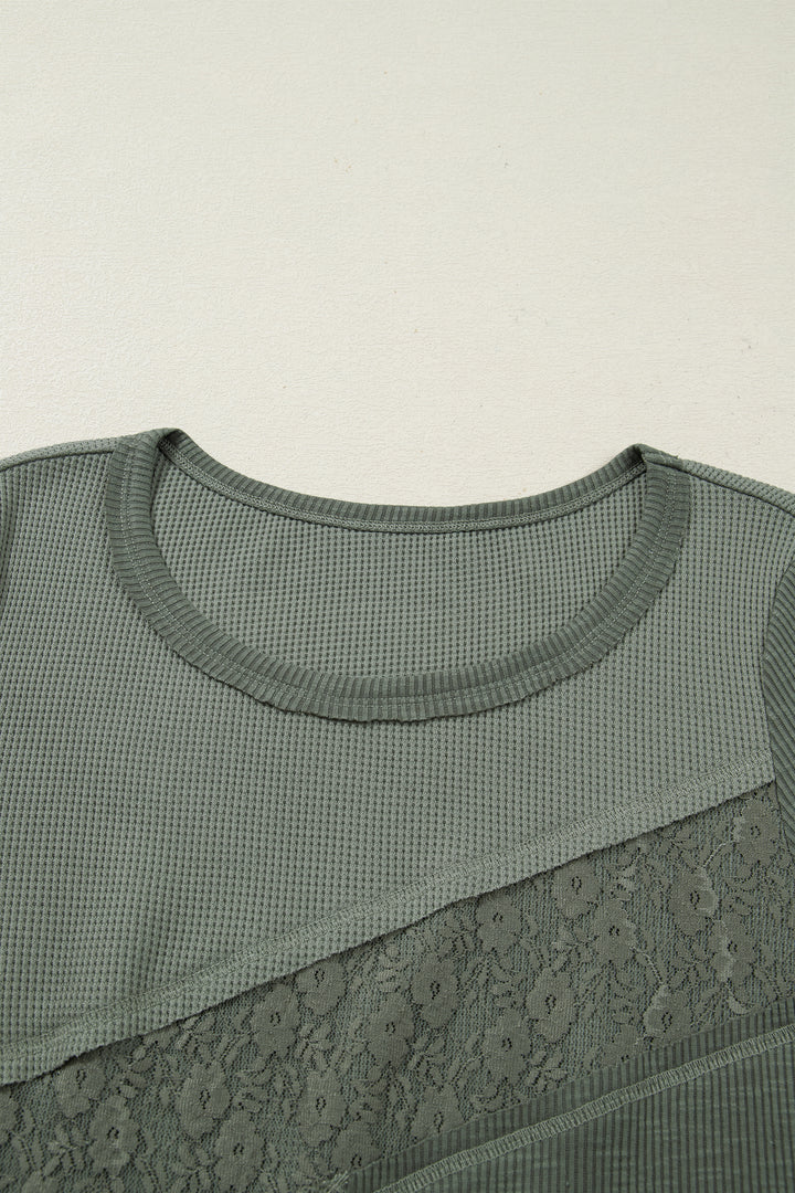Solid Color Waffle Ribbed Lace Patchwork Long Sleeve Top