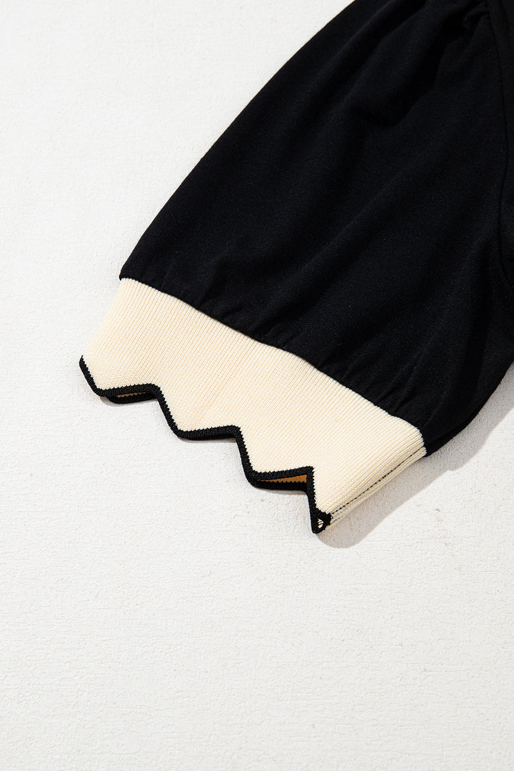 color contrast collared v neck puff sleeve blouse