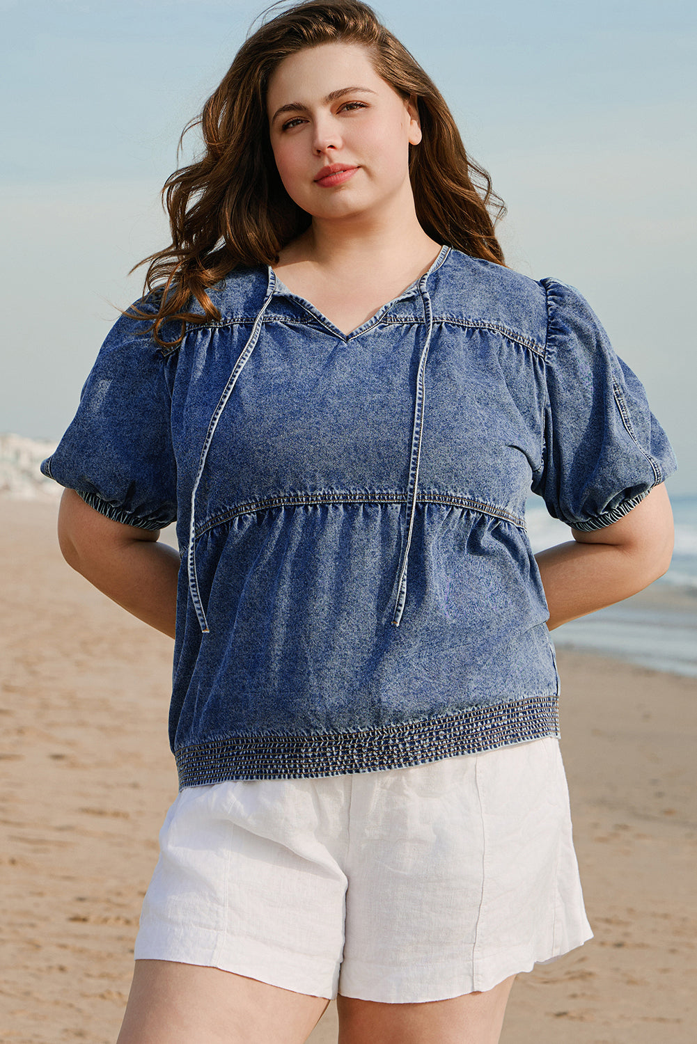 Plus Drawstring V Neck Puff Sleeve Denim Blouse