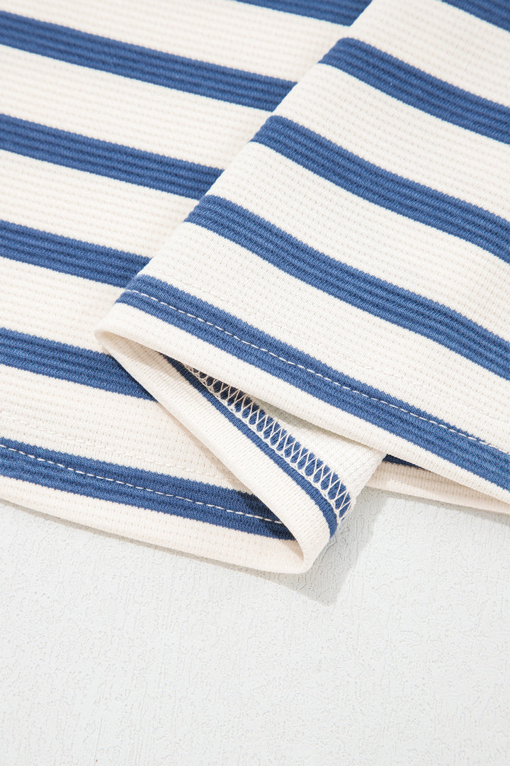 Blue Stripe Short Puff Sleeve Color Block Polo Collar Blouse