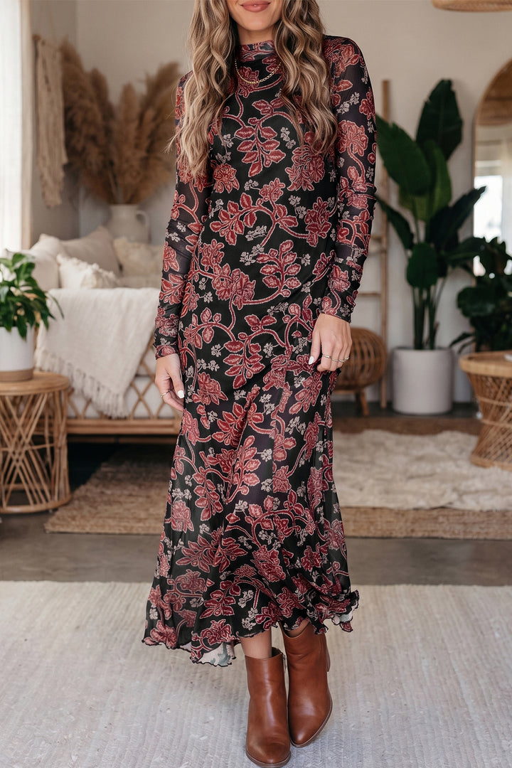 Black Retro Floral Print Long Sleeve Mesh Maxi Dress