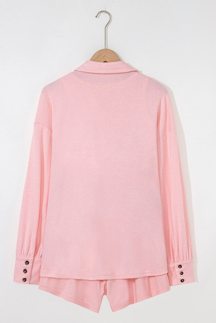 Pink 3 Pcs Crop Tank Top Shorts with Cardigan Lounge Set