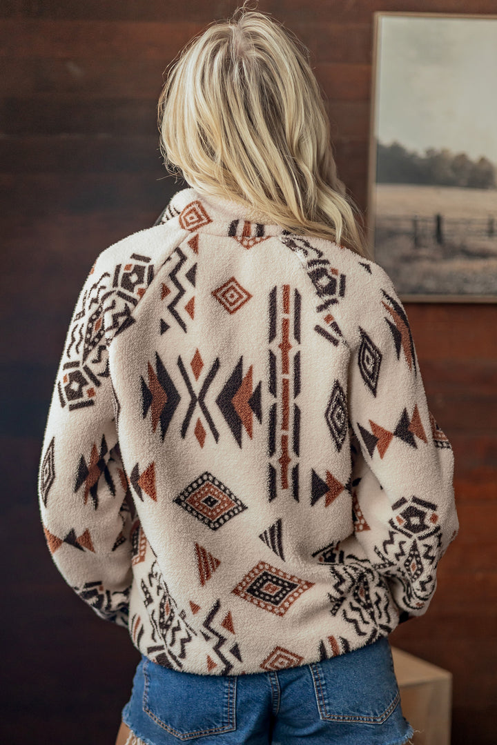 Beige Geometric Print Zip-up Placket Binding Tape Jacket