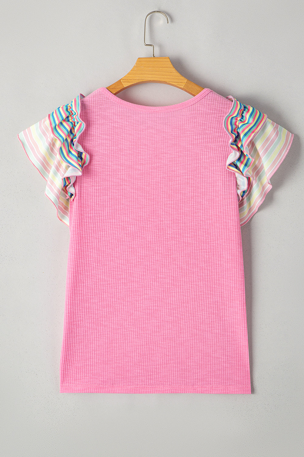 striped ruffle flutter sleeve ribbed blouse