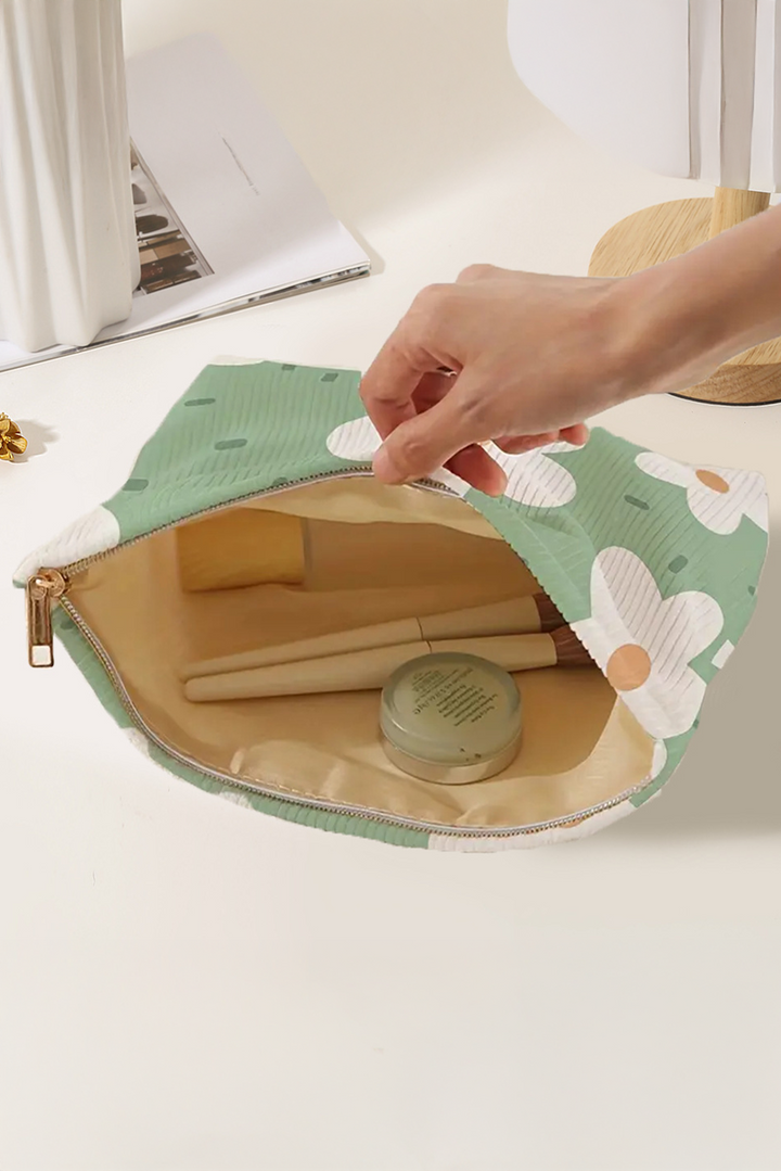 Grande trousse de maquillage en velours côtelé à fermeture éclair et imprimé floral