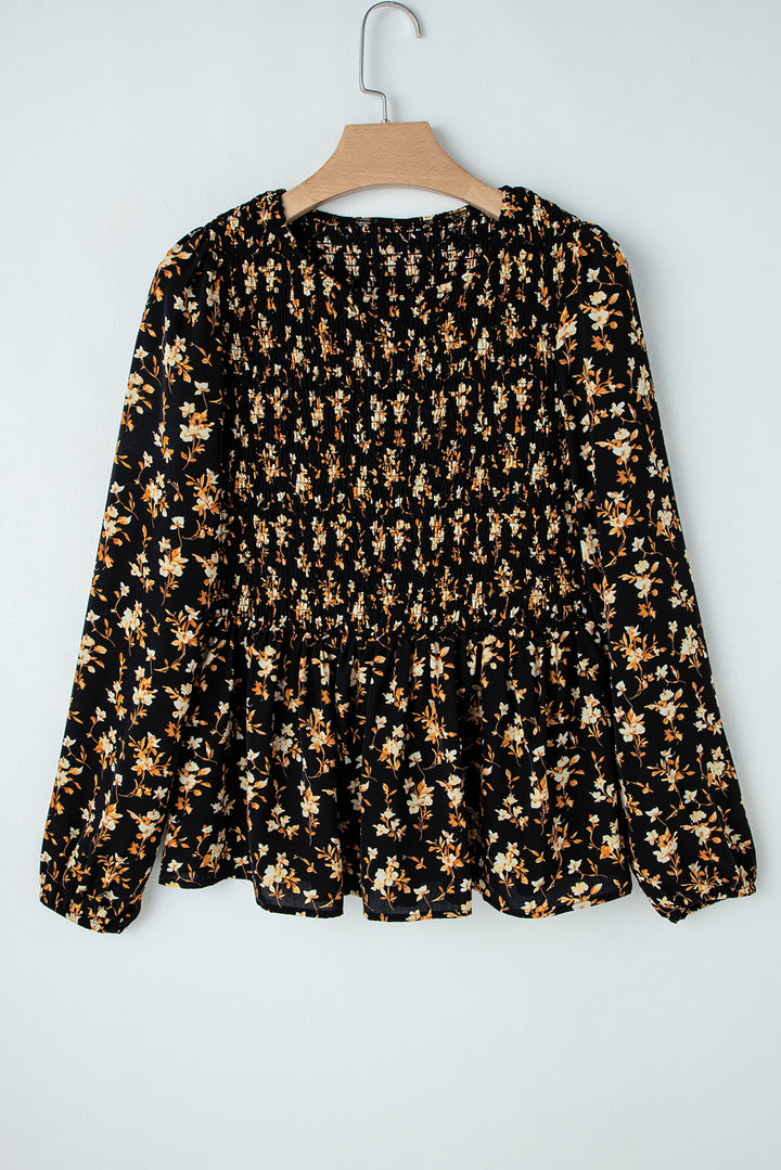 Black Boho Floral Smocked Bust Ruffled Peplum Blouse