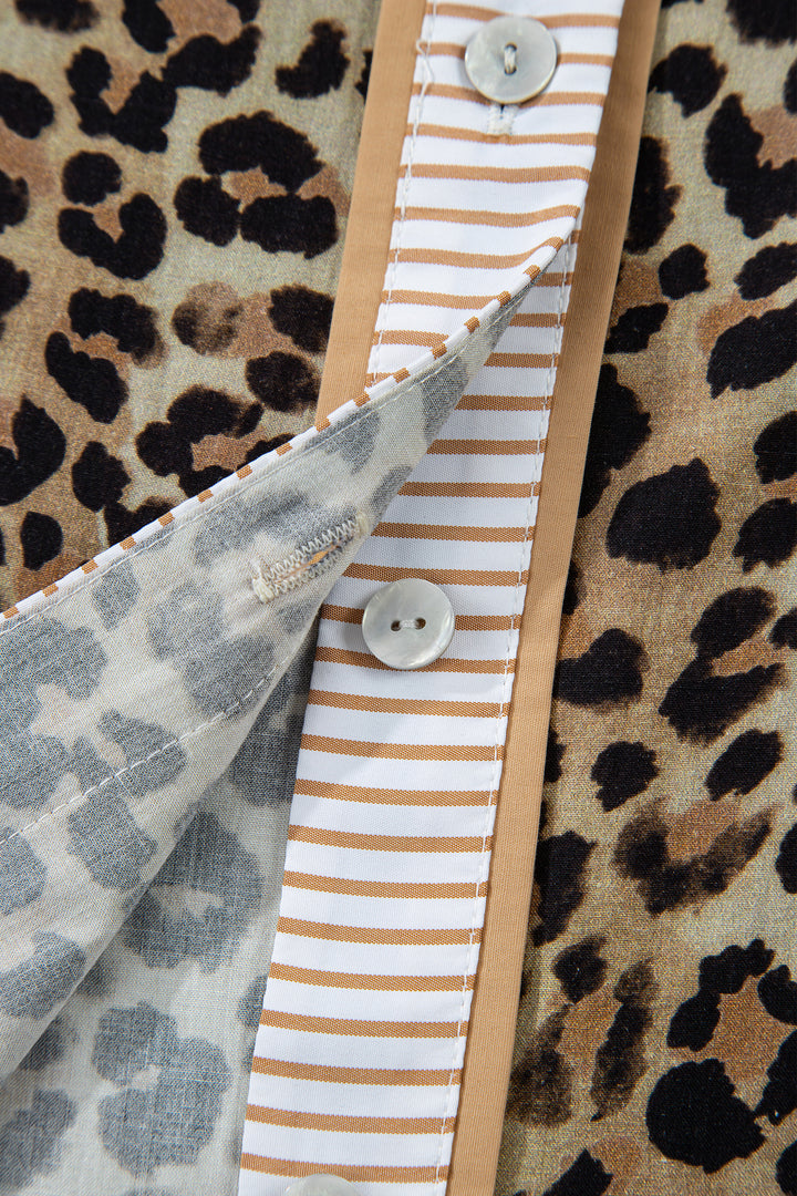 Contrast Striped Trim V Neck Leopard Shirt