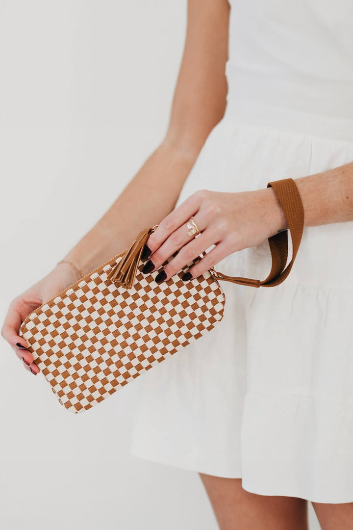 Chestnut Checkered  Woven Clutch Wristlet PU Leather Large Size Patterned Wallet
