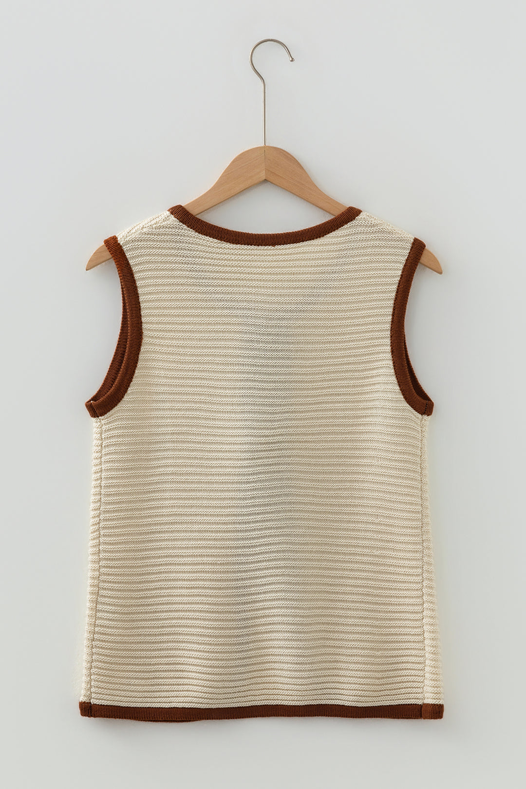 Horizontal Ribbed Knit Contrast Trim Ties Front Sweater Vest