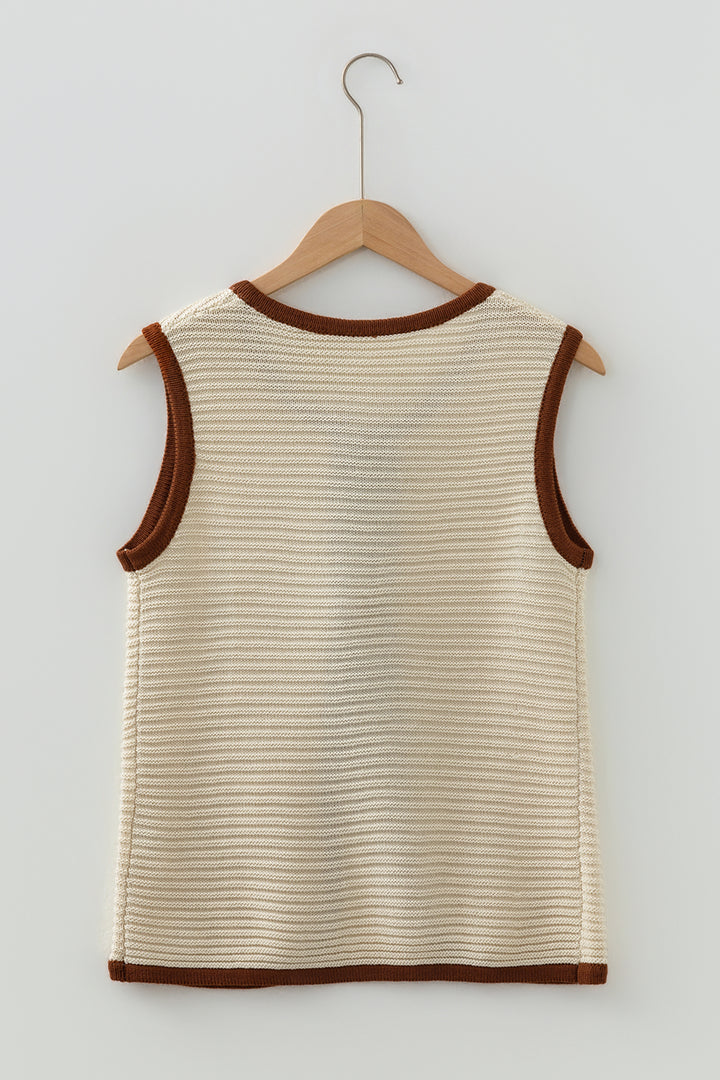 Horizontal Ribbed Knit Contrast Trim Ties Front Sweater Vest