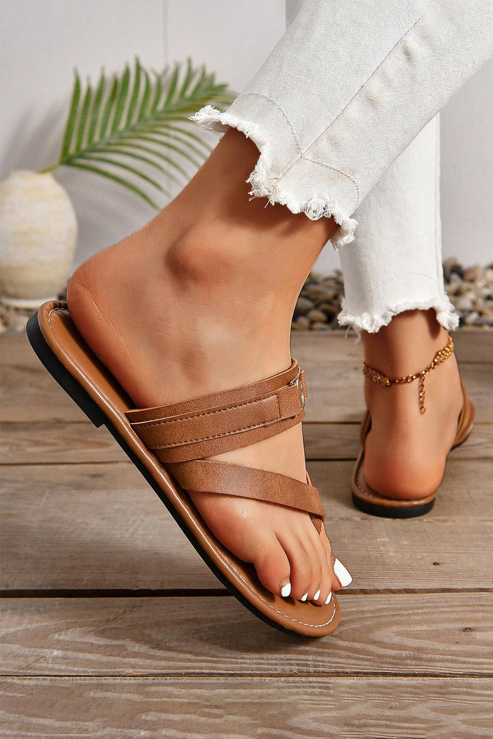 Cross Toe Metal Buckle Leathered Flat Slippers