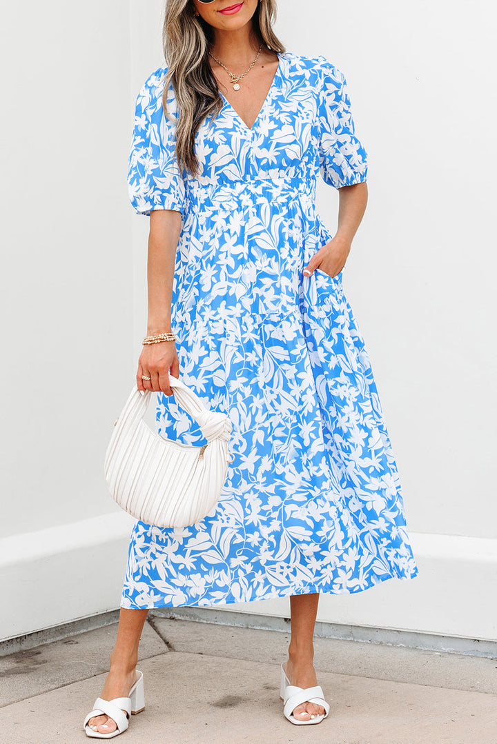 floral v neck puff short sleeve flowy long dress