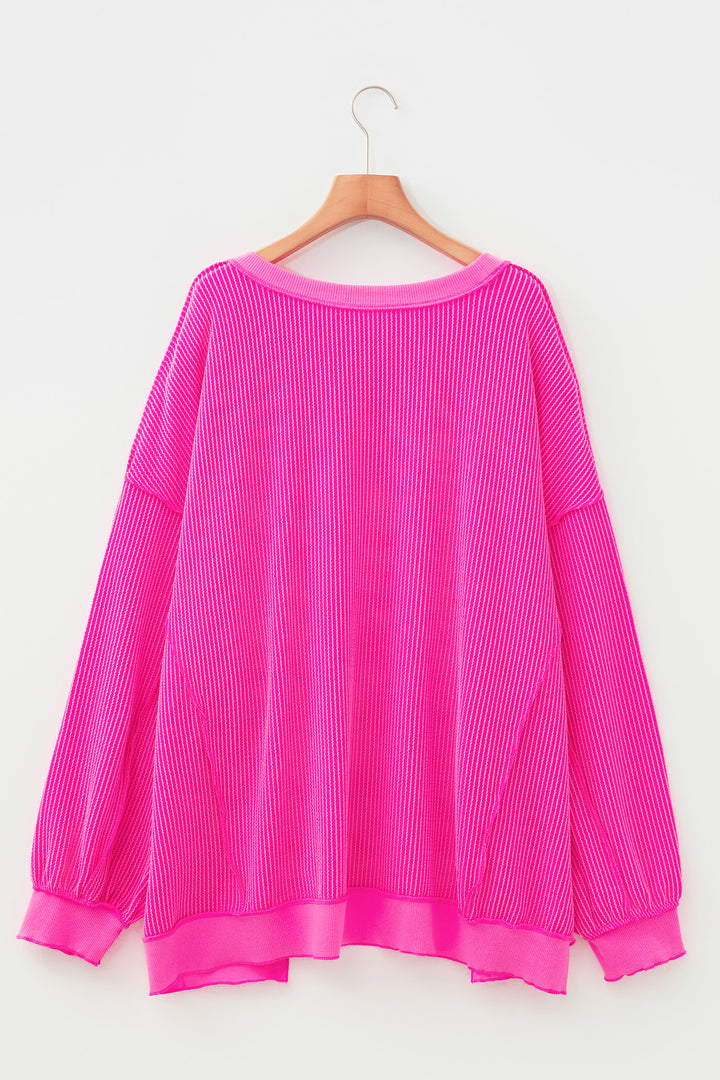 Rose Red Drop Shoulder Uneven Hem Plus Size Twisted Rib Top
