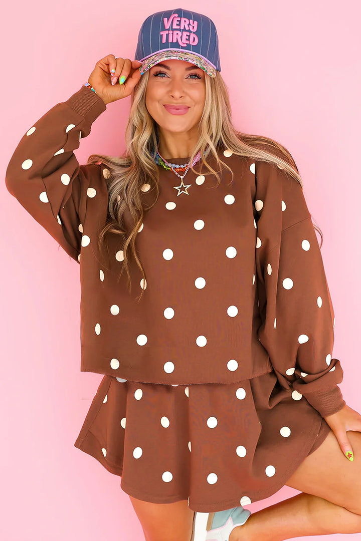 Brown Polka Dot Raw Hem Relaxed Pullover Loose Skort Two Piece Set