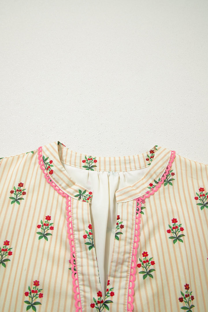 Apricot Striped Floral Print Contrast Detail Ruffle Hem Short Dress