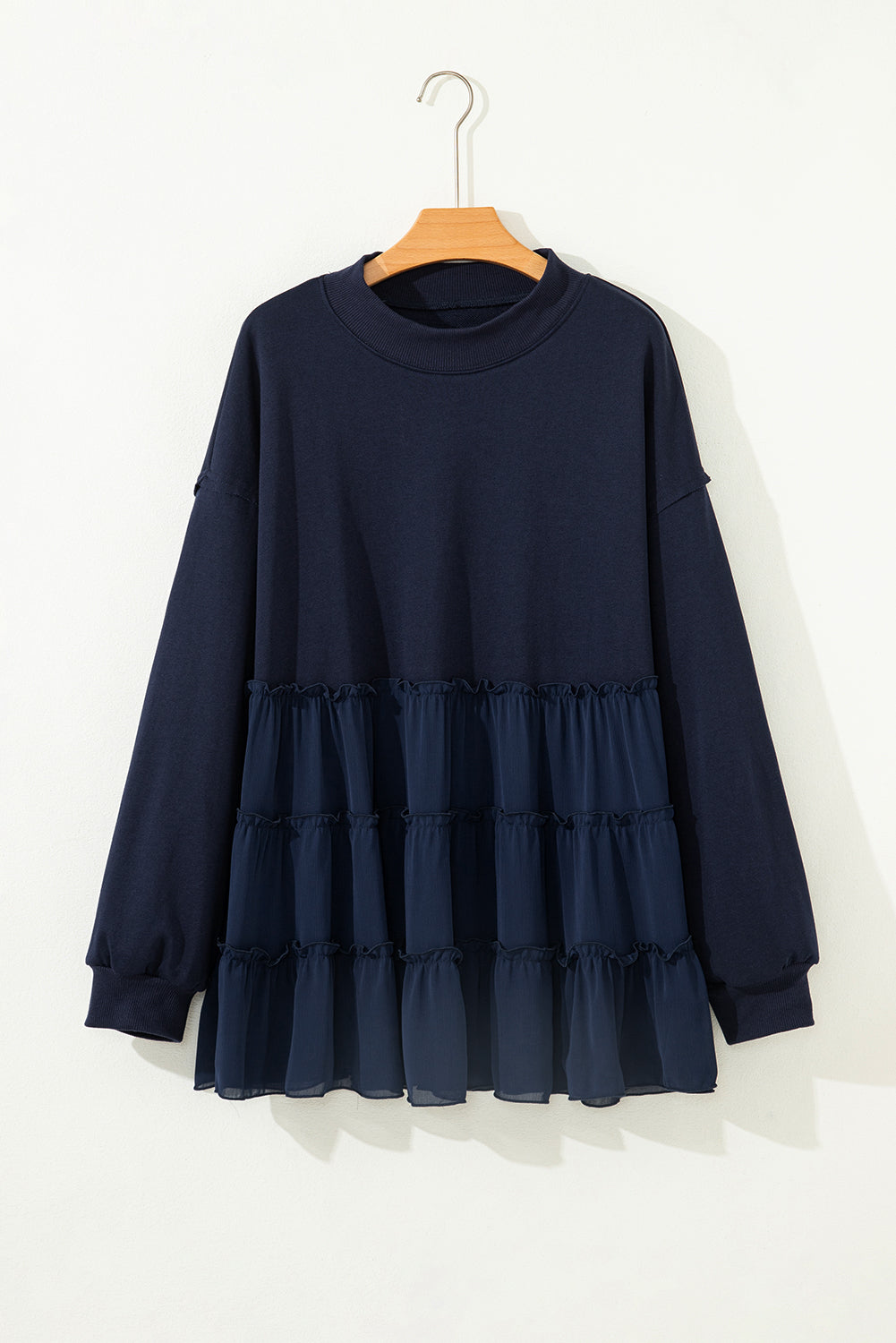Navy Blue Tiered Ruffle Ribbed Crew Neck Pullover Plus Size Top