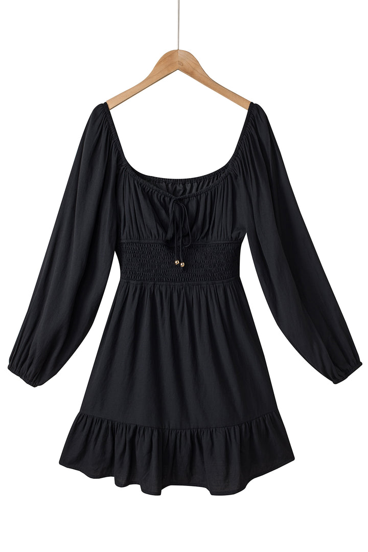 Black Solid Color Long Sleeve Shirred Drawstring Ruffle Mini Dress
