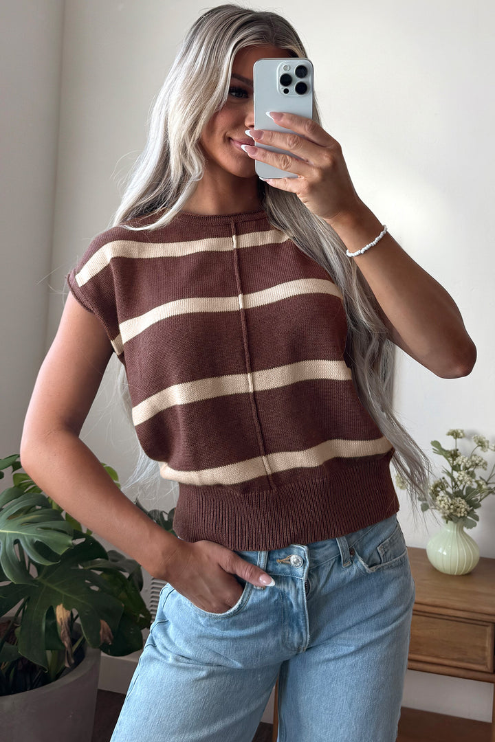 Brown Stripe Knit Western Short Sleeve Sweater