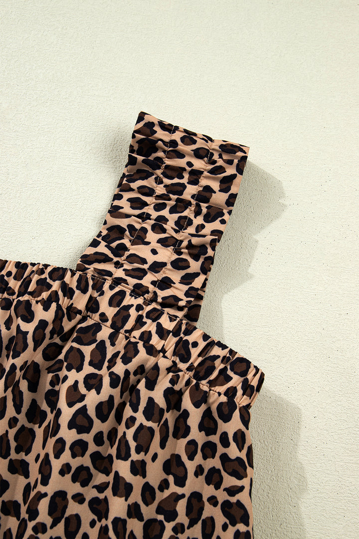 Brown Leopard Print Frilled Square Neck Tank Top
