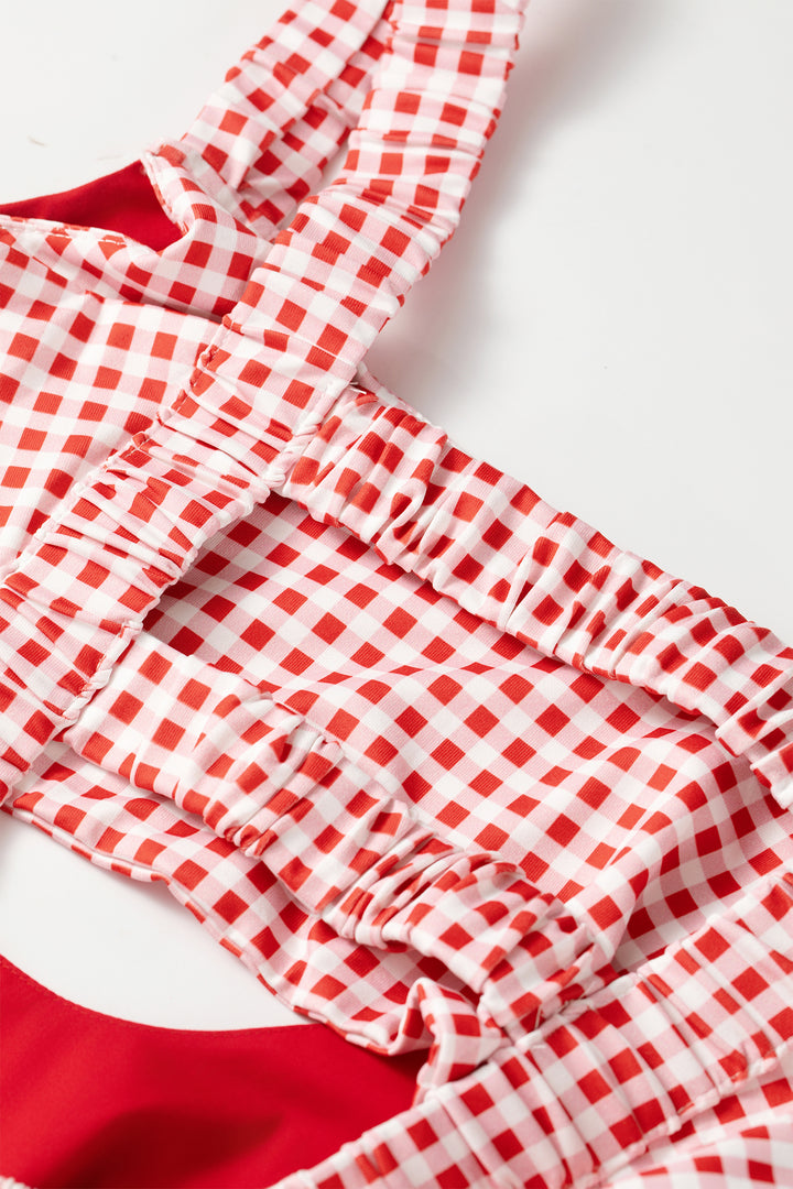 Red Faux Two Piece Gingham Contrast Patchwork Loose Mini Dress