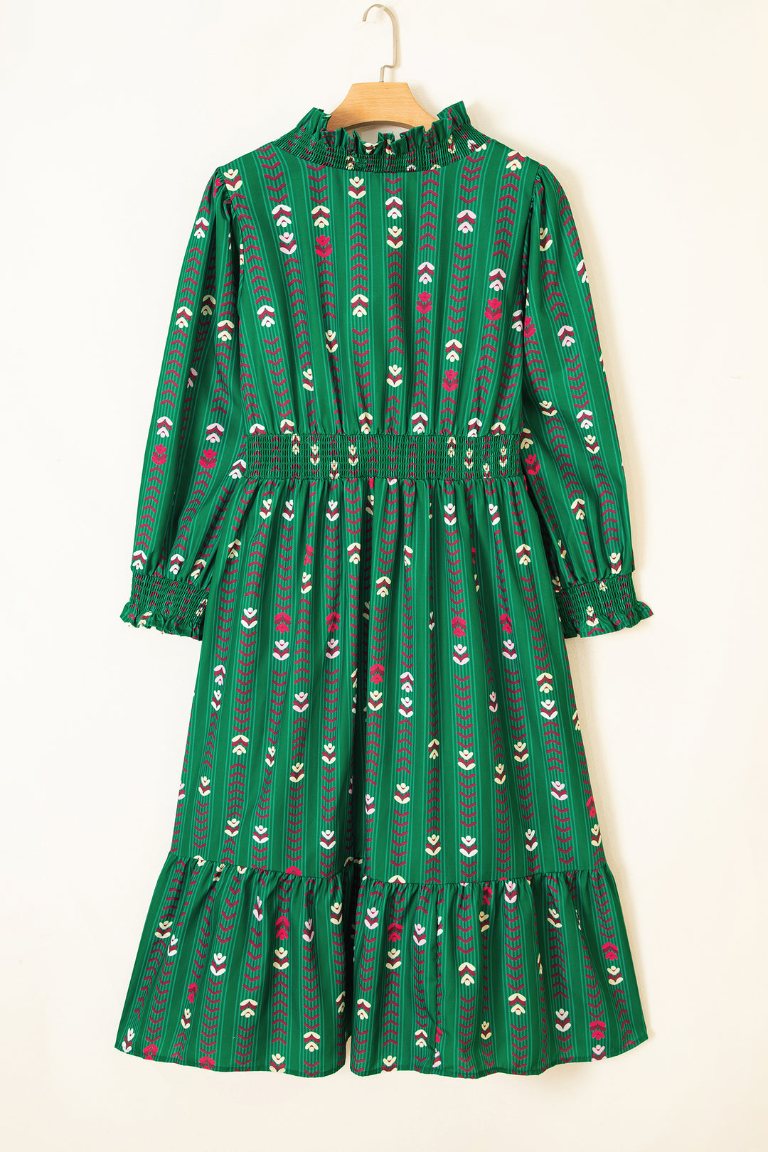 Green Floral Print Long Sleeve Shift Plus Size Dress