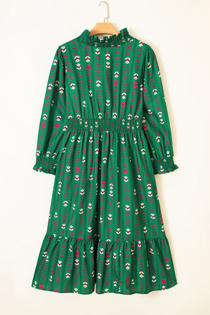Green Floral Print Long Sleeve Shift Plus Size Dress