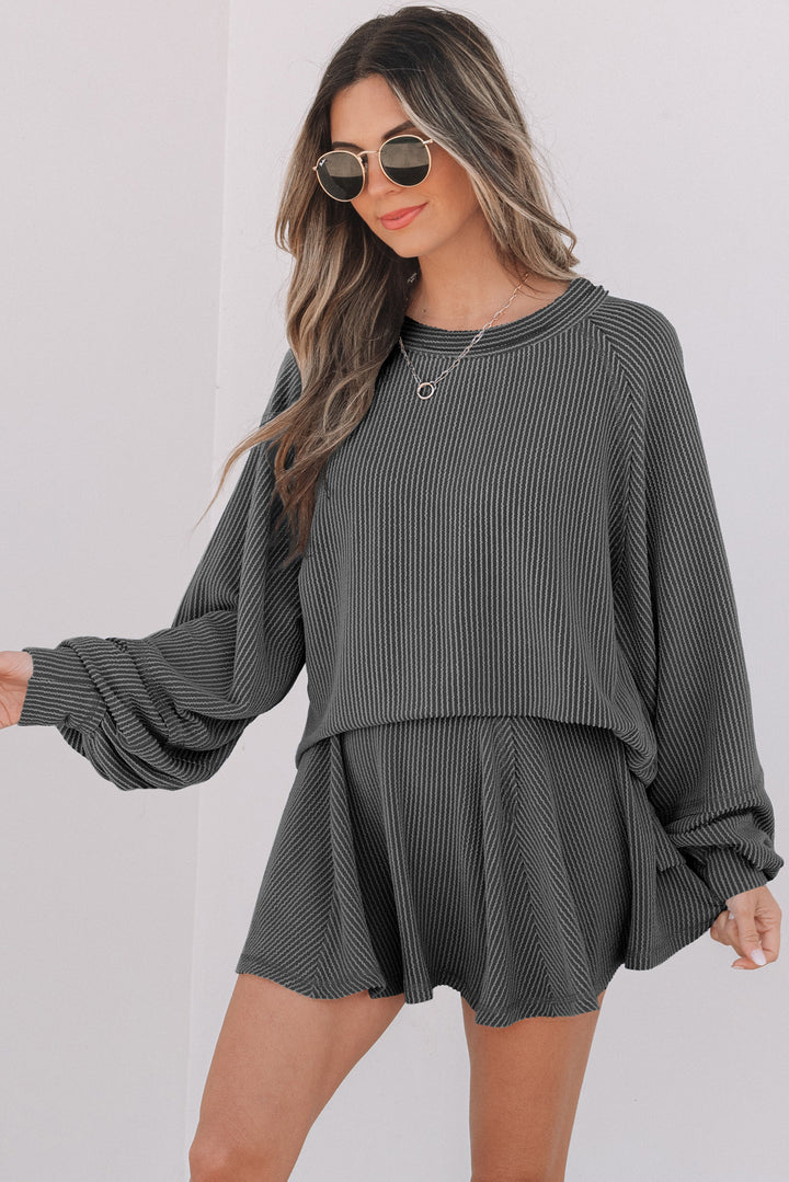 Dark Grey Corded Top High Waist Ruffled Mini Skort Set