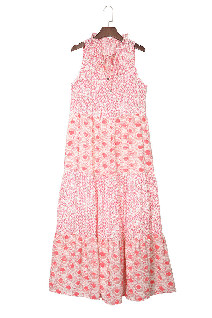 Abstract Print Split Neck Sleeveless Maxi Dress