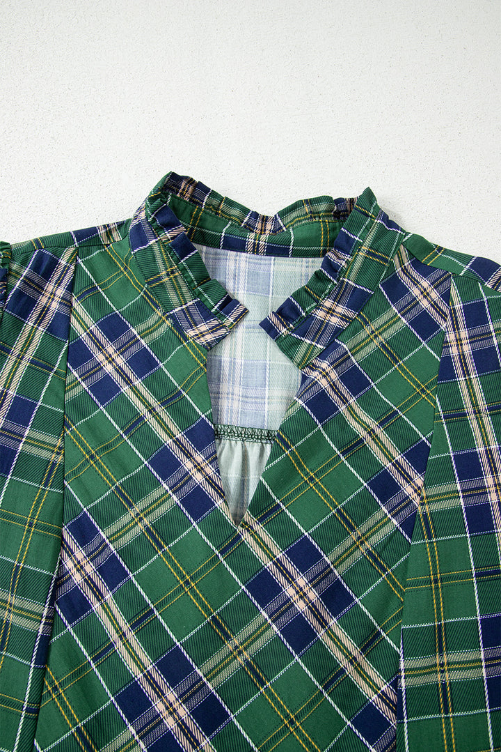 Plaid Print Frilly Collar Long Sleeve Shift Mini Dress
