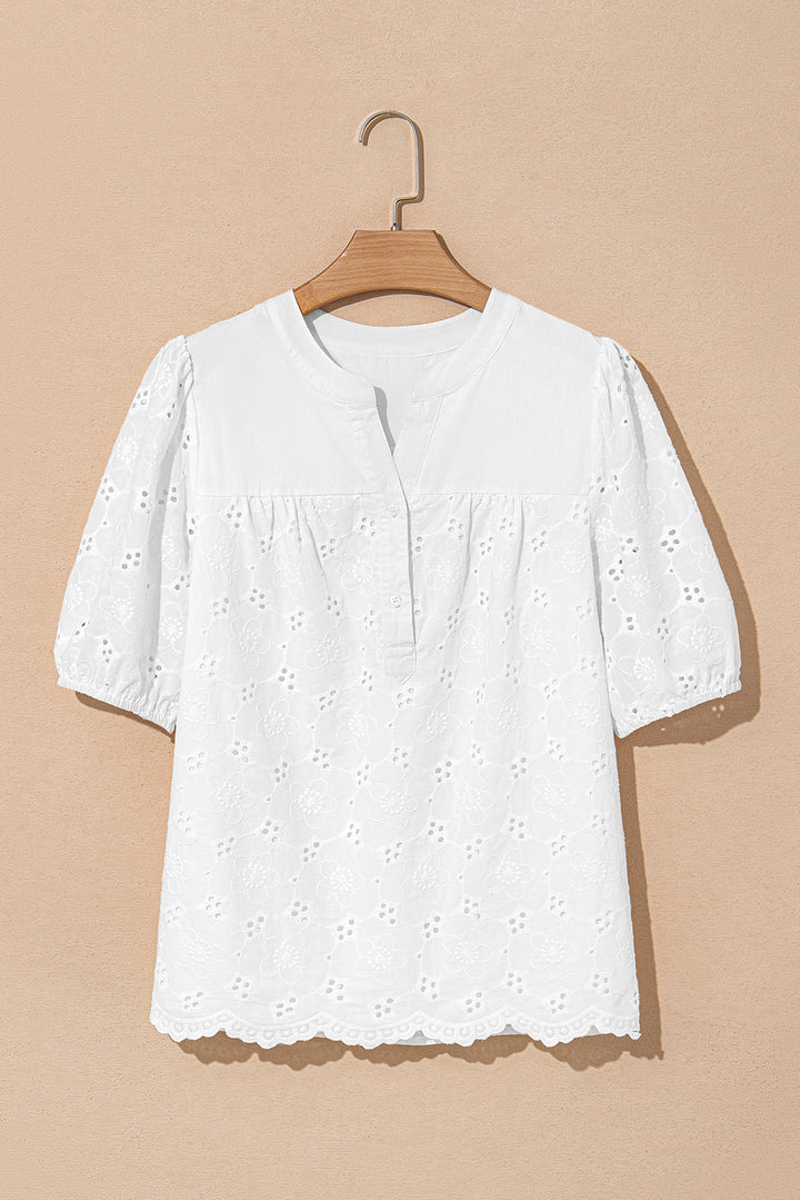 Lace Crochet V Neck Half Sleeve Embroidery Button Down Blouses Casual Shirts