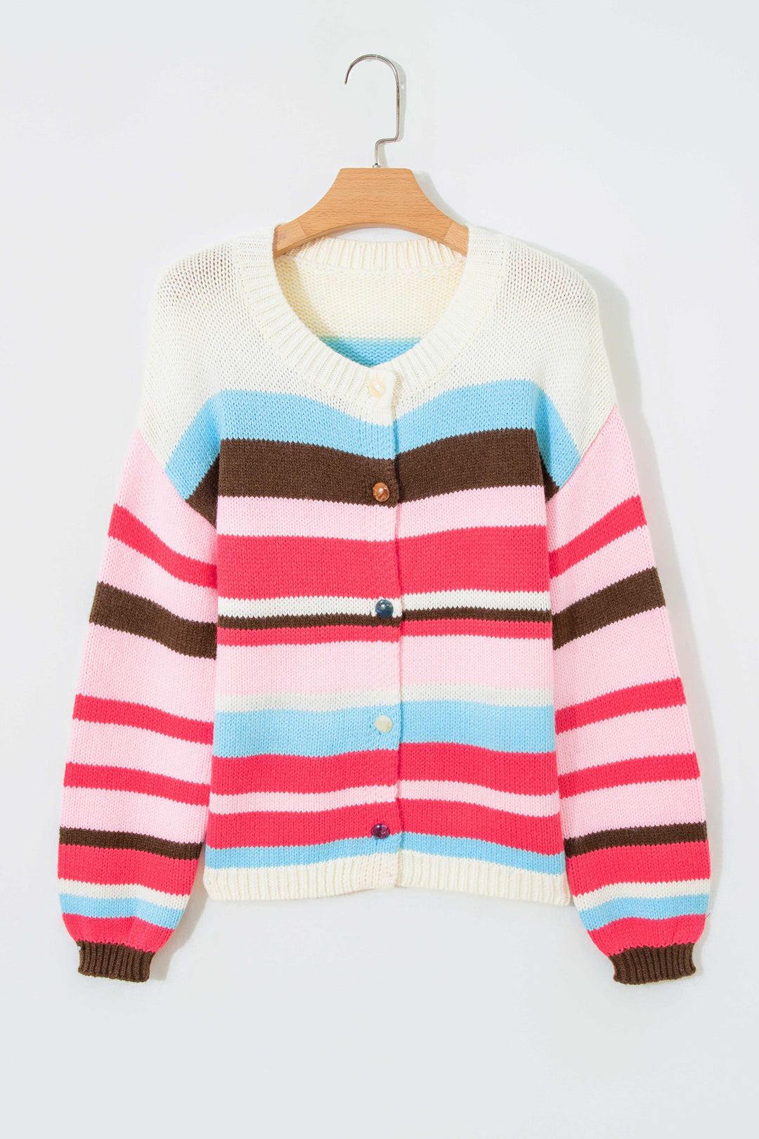 Pink Stripe Striped Colorblock Drop Shoulder Cardigan