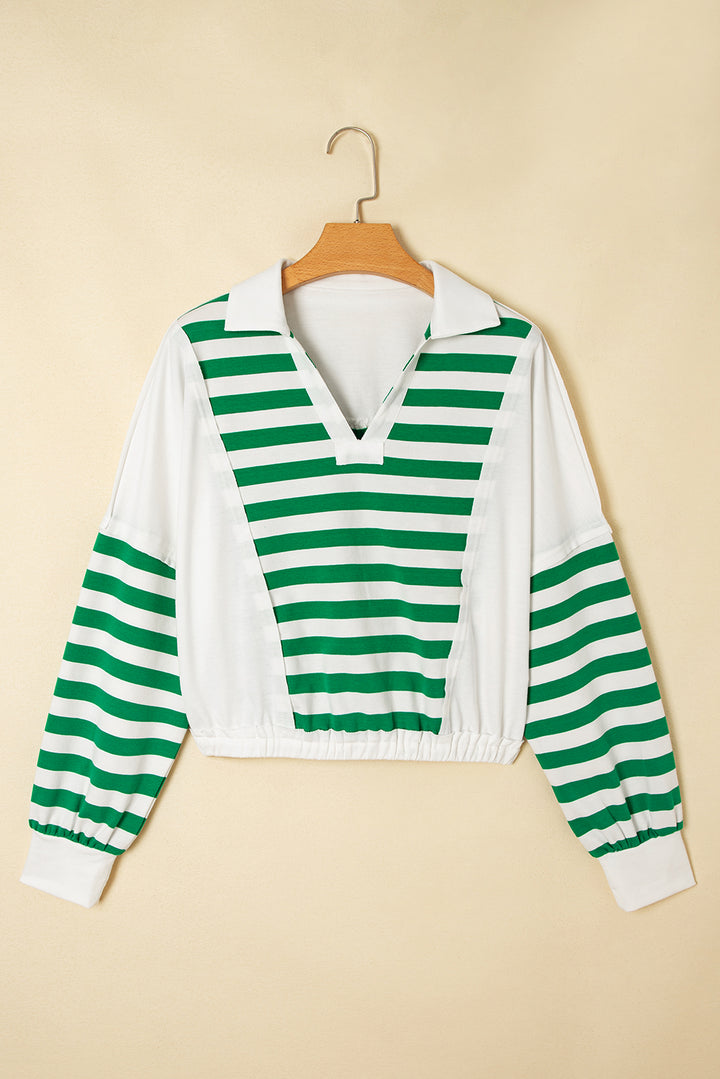Colorblock Collared V Neck Cropped Knit Pullover