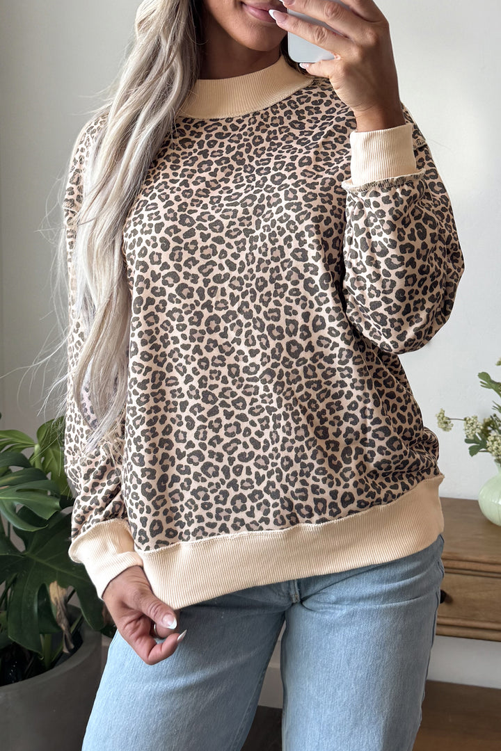 Multicolour Leopard Print High Neck Long Sleeve Ribbed Cuffs Hem Sweatshirt