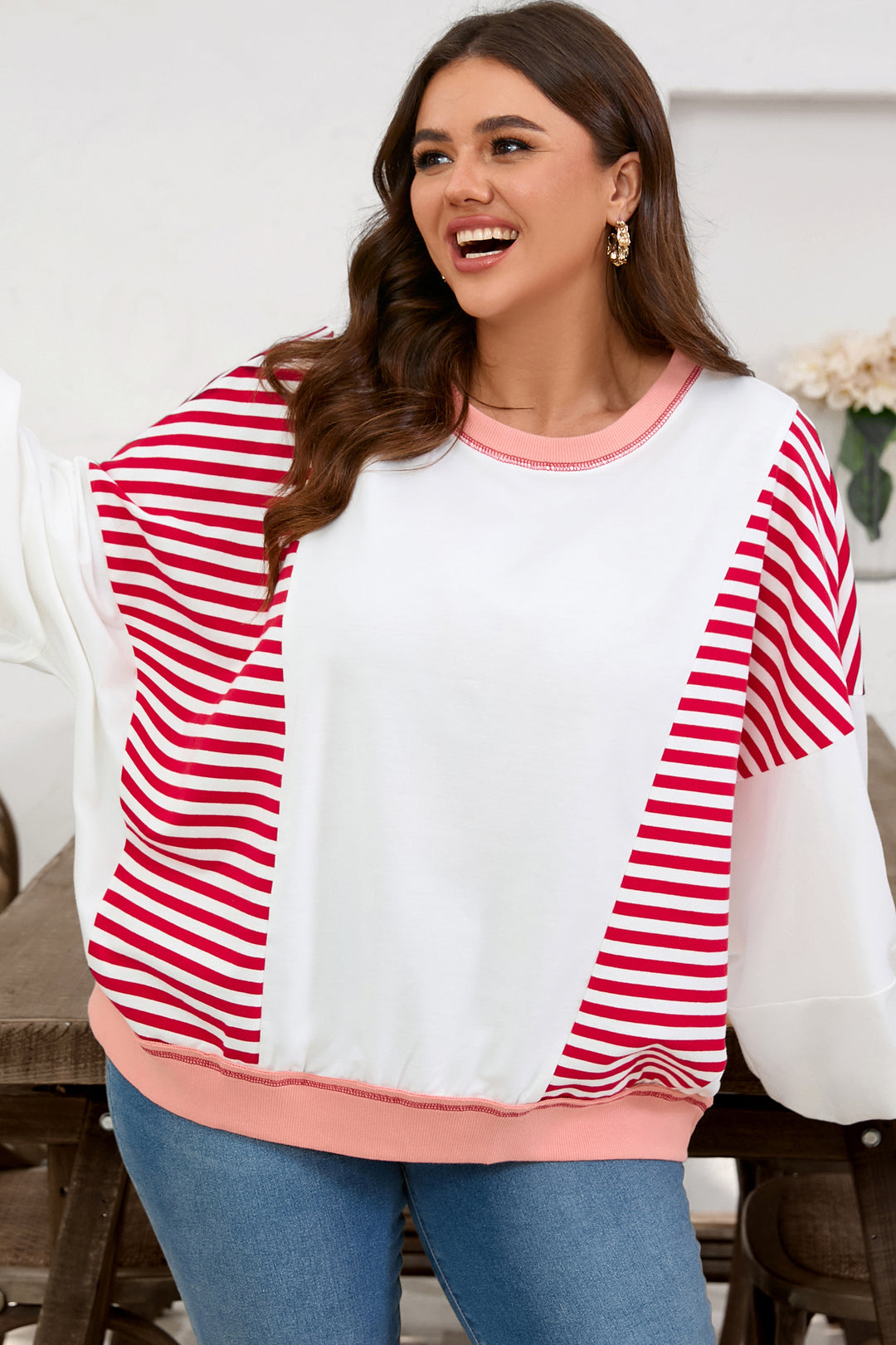 Red Stripe Color Block Patchwork Seam Detail Plus Size Sweatshirt