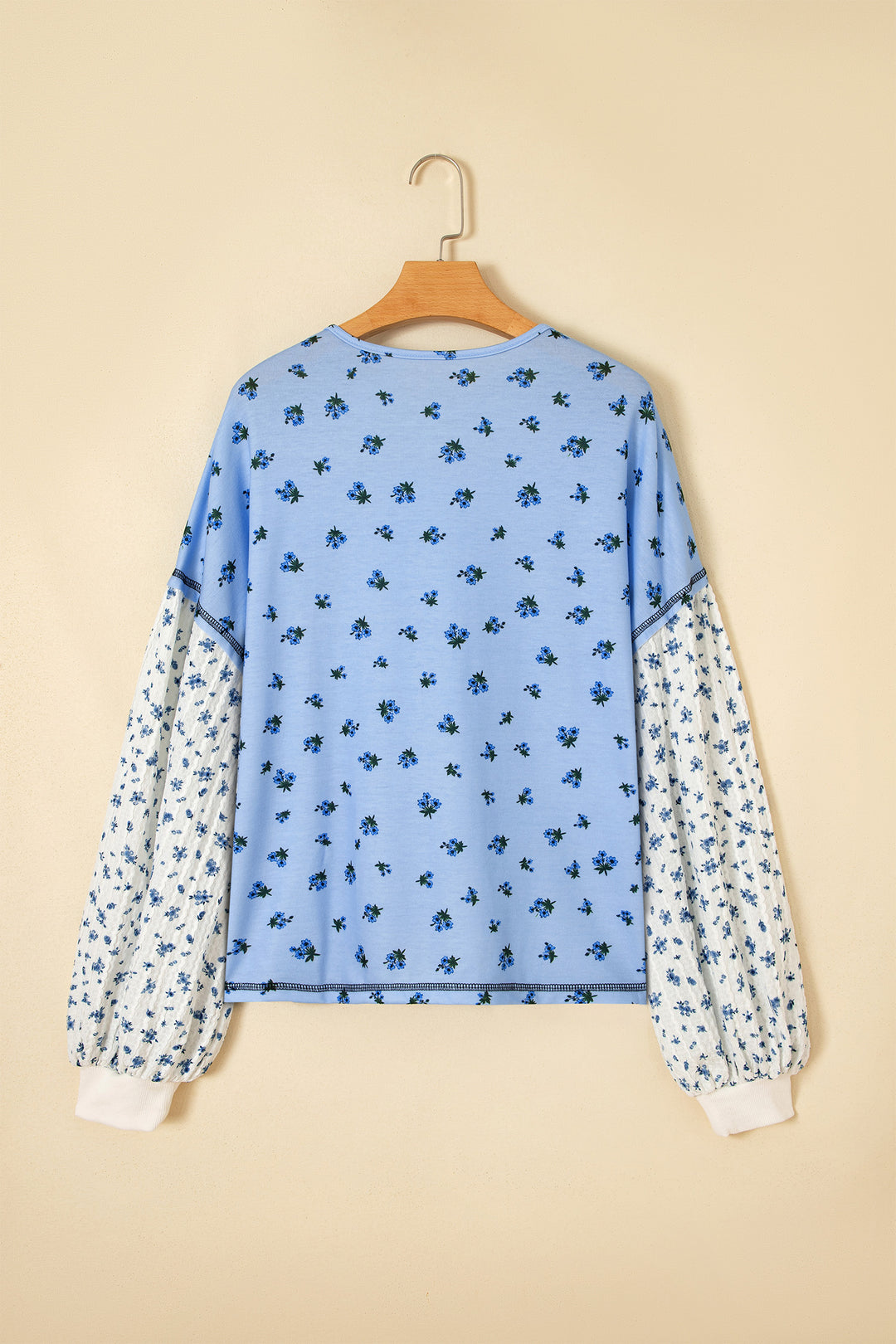 Sky Blue Floral Print Contrast Long Sleeve Tops