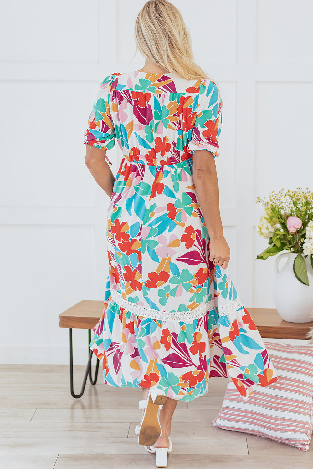Floral Knot Puff Sleeve V Neck Buttoned Front Split Lace Maxi Dress