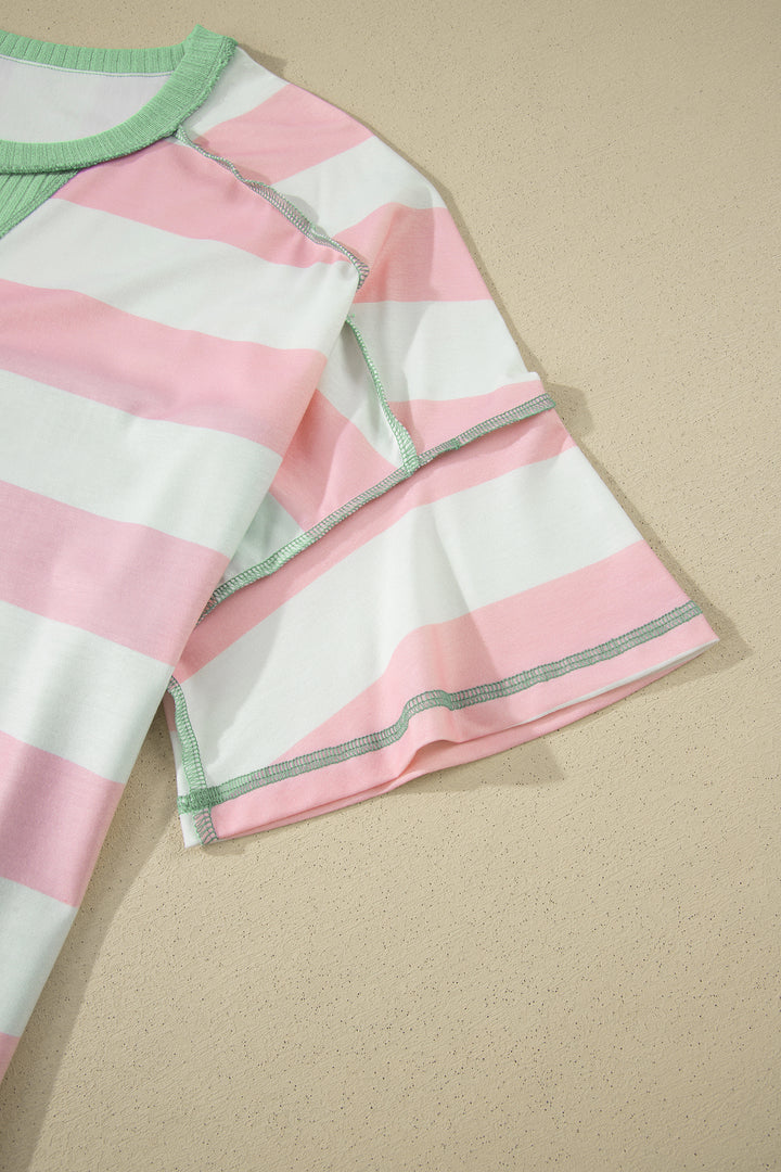 Pink Stripe Exposed Seam Ribbed Patchwork Oversized Tee